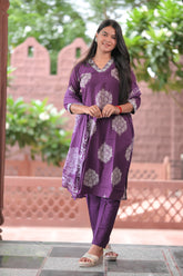 Arihantam Royal Plum 3-Piece Cotton Kurti Set